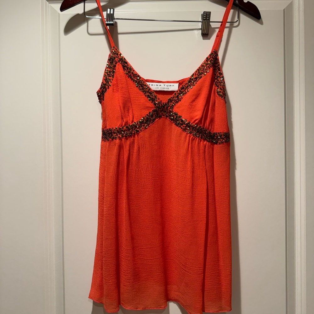 Trina Turk Vibrant Orange Silk Sequin Camisole Tank